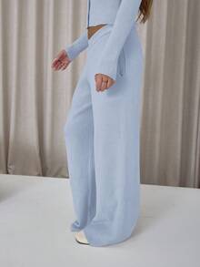 MUSERA 纽扣长袖开衫搭配宽松弹力针织裤和罗纹针织套装，优雅性感街头风，适合夜间外出，春季百搭单品。 - 淺藍色 - 查看 6