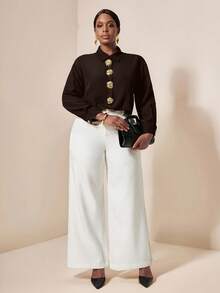EMERY ROSE Plus Size Black Shirt With Elegant Metal Decor Button - Brown - View 6