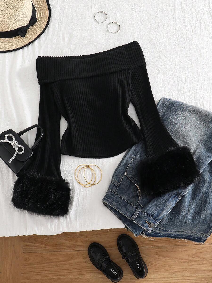 这款专为青春期女孩设计的新款长袖吊带背心上衣，采用露肩设计和蝴蝶结装饰，现已上市。它舒适、时尚、优雅、甜美、可爱、活泼、独特，是女孩们日常穿搭的必备单品。 - 黑色 - 查看 1