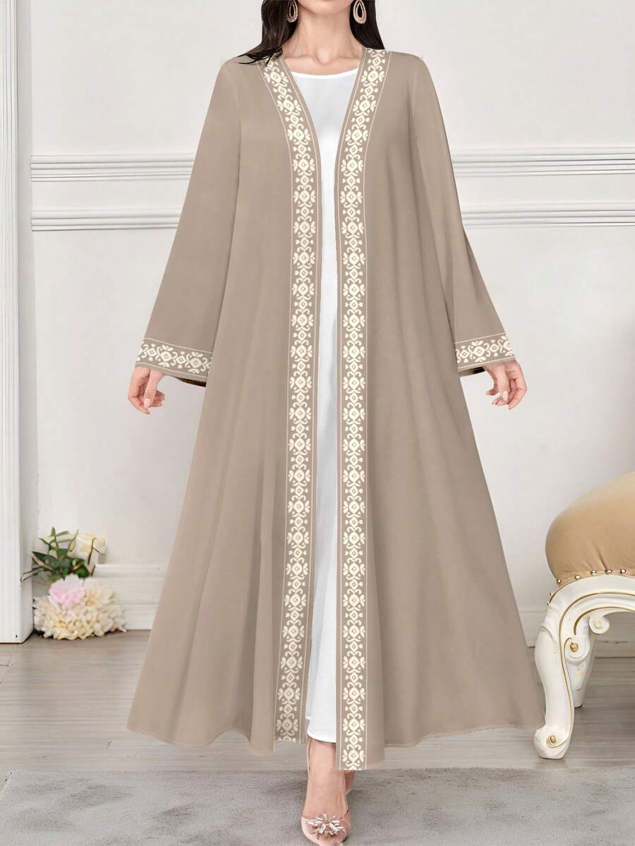 SHEIN Najma Women's Retro Geometric Floral Digital Print Long Sleeve Casual Arabic Abaya, Spring/Autumn - Multicolor - View 1