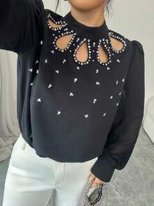 Modelyn 女士加大码黑色水钻镂空泡泡长袖休闲衬衫，秋季款 - 黑色 - 查看 6