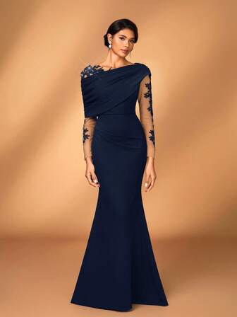 Serin Elegant Romantic Luxurious Black Elastic Knit Contrast Mesh Asymmetric Ruffle Shoulder Mermaid Hem Dress, Suitable For Evening Party, Singles Party, Date, Ball, Vacation, Wedding, Bridal Mother Gown