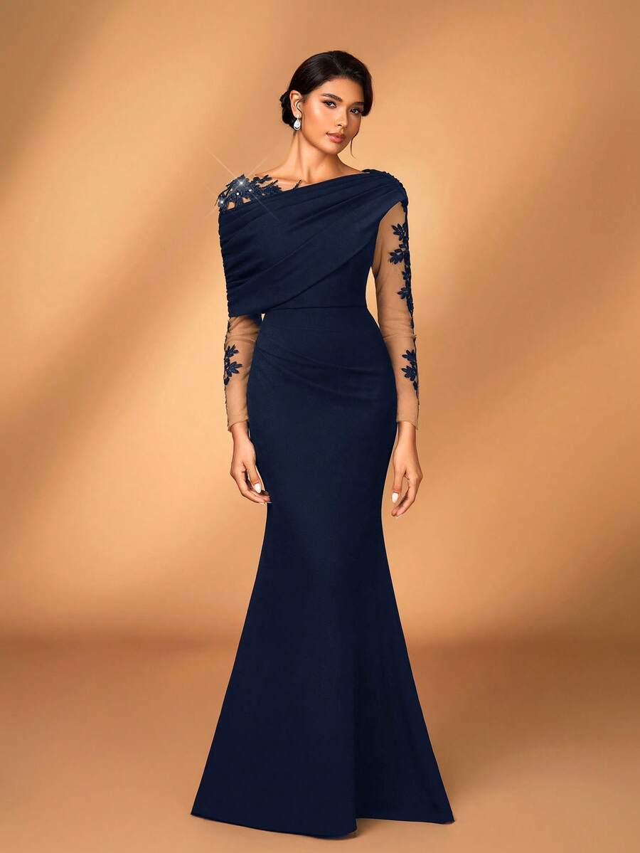 Serin Elegant Romantic Luxurious Elastic Knit Contrast Mesh Asymmetric Shoulder Mermaid Hem Dress, Suitable For Evening Party, Singles Party, Date, Ball, Vacation, Wedding, Bridal Mother Gown, Valentine's Day - Navy Blue - View 1