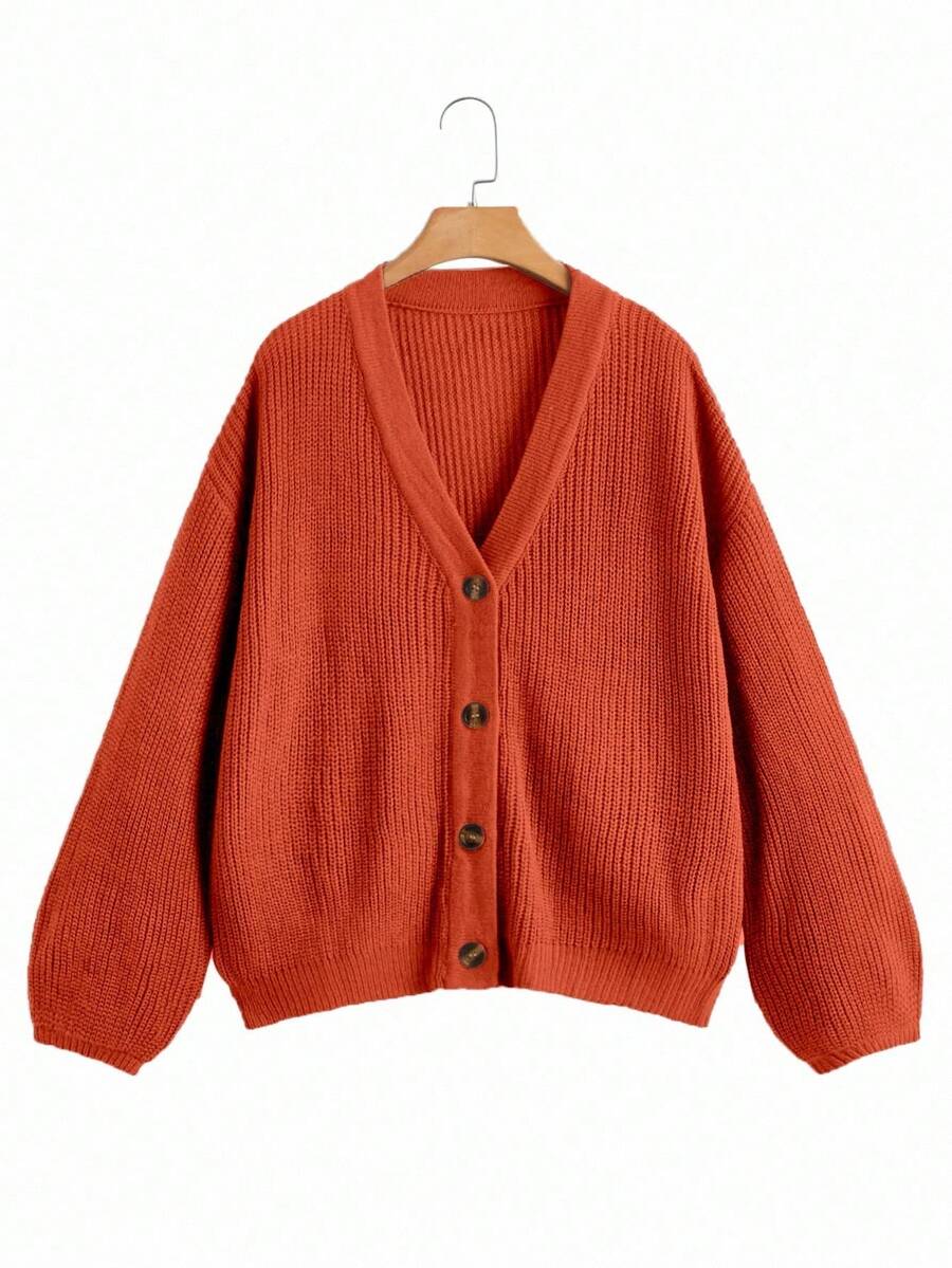 Chiquease White Lantern Sleeve Button Front Ribbed Loose Knit Cardigan, Spring/Summer - Orange - View 1