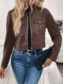 SHEIN LUNE Chaqueta militar verde corta con bolsillos grandes y botones de metal para mujer, para otoño/invierno - Marrón - Ver 4