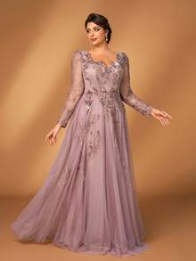 Serin فستان طويل الأكمام بتصميم مطرز بالترتر الأنيق والفاخر باللون الرمادي البنفسجي، ذو رقبة قلب، تصميم مطرز إضافي، مناسب للسهرات والمناسبات والحفلات والزفاف وحفلات الأم العروس - الأرجواني - مشاهدة 2