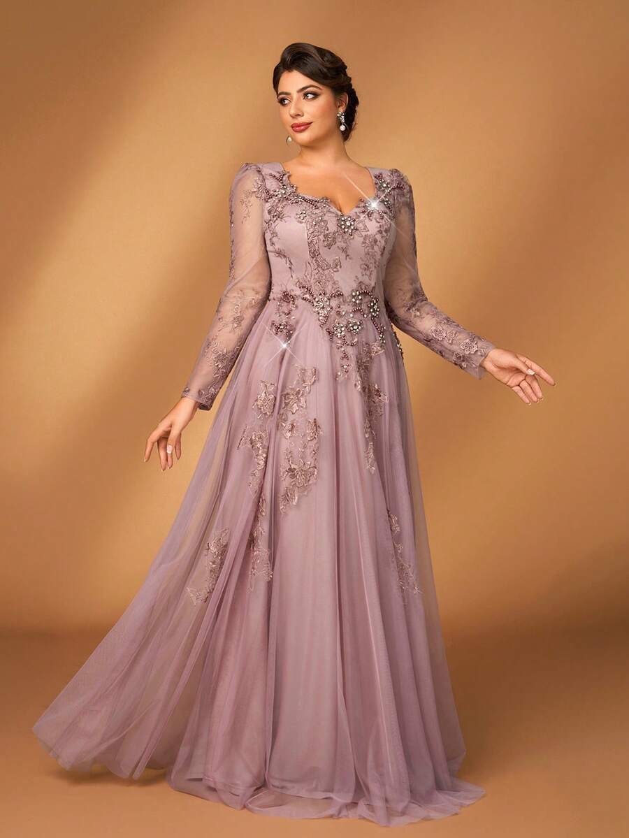 Serin فستان طويل الأكمام بتصميم مطرز بالترتر الأنيق والفاخر باللون الرمادي البنفسجي، ذو رقبة قلب، تصميم مطرز إضافي، مناسب للسهرات والمناسبات والحفلات والزفاف وحفلات الأم العروس