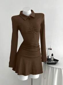 Elamini 1pc Women's Black Knitted Elastic Fabric Shirt Collar Dress, Button Front Closure, Ruched, Casual Everyday Wear, Autumn - Brown - View 4