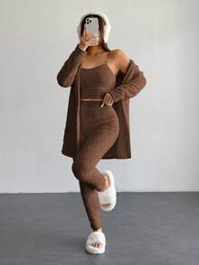 SHEIN PETITE 女士落肩长袖罗纹开衫毛衣背心和裤子套装 - 咖啡棕 - 查看 3