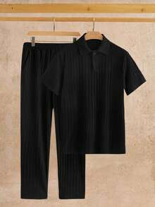 HIMLAND Men's Casual Ribbed Knit Solid Color Short Sleeve Polo Shirt And Pants Set, Suitable For Spring, Summer, Autumn Men Casual Top And Bottom Set Men 2 Piece Set Men Black Two Piece Set Men Co Ord Set - Black - View 6