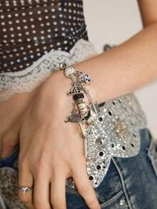 Y2Kool 1pc Music Festival Charm Bracelet, TS Friendship Bracelet, Music Festival Concert Cheering Wristband, Fashion Simple Guitar & Drum Band Bracelet - Silver - View 3