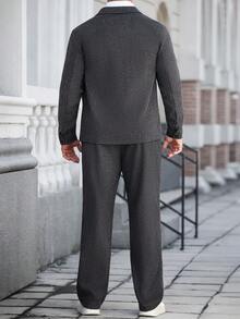 Manfinity Homme 男士纯色单排扣西装外套和裤子休闲套装，男士西装套装，灰色套装，男士运动裤套装，针织套装，灰色，冬季款 - 深灰色 - 查看 2