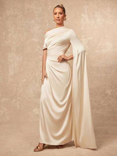 Lumalex 女士亮面缎面不对称露肩短袖长款垂褶褶皱直筒连衣裙