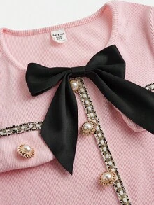 SHEIN Serisse Kids 少女优雅缎带拼接蝴蝶结装饰长袖长款连衣裙，冬季连衣裙，圣诞连衣裙，优雅连衣裙 - 粉色 - 查看 7