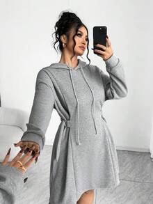 Elenzga Áo hoodie dệt kim dài tay thời trang tối giản cỡ lớn cho nữ có dây rút ở eo, váy dài đến đầu gối màu xám - Xám - Xem 5