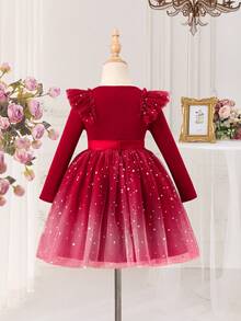 SHEIN Young Girl Elegant Red Mesh Long Sleeve Dress - Red - View 2