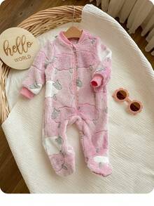 SHEIN 新生女宝宝可爱毛绒卡通图案休闲家居服 - 粉色 - 查看 5