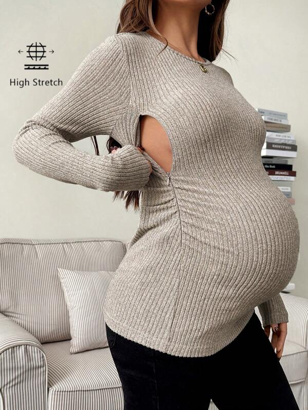 SHEIN Autumn And Winter Solid Color Ribbed Crew Neck Long Sleeve Nursing Top, Casual Everyday Wear Going Out Tops