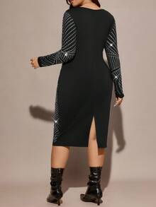 Comfylo 大码女式水钻装饰圆领长袖修身优雅连衣裙，新年中长紧身连衣裙，长袖中长连衣裙，女式长袖连衣裙，水钻连衣裙，绷带连衣裙 - 黑色 - 查看 8