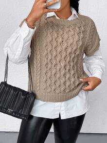 SHEIN Tall CURVE Plus Size Casual Solid Color Knit Vest - Khaki - View 6