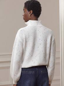 lacRébo White Loose-Fit Knit Sweater With High Neck, Front Zip, And Colorful Sequin Details White Winter Jumper Going Out Party New Year - White - View 2