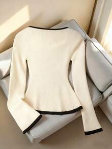 Franclia Women's Fashion Contrast Trim Sweetheart Neck Long Sleeve T-Shirt, Casual Homewear Top For Autumn/Winter - Apricot - View 2