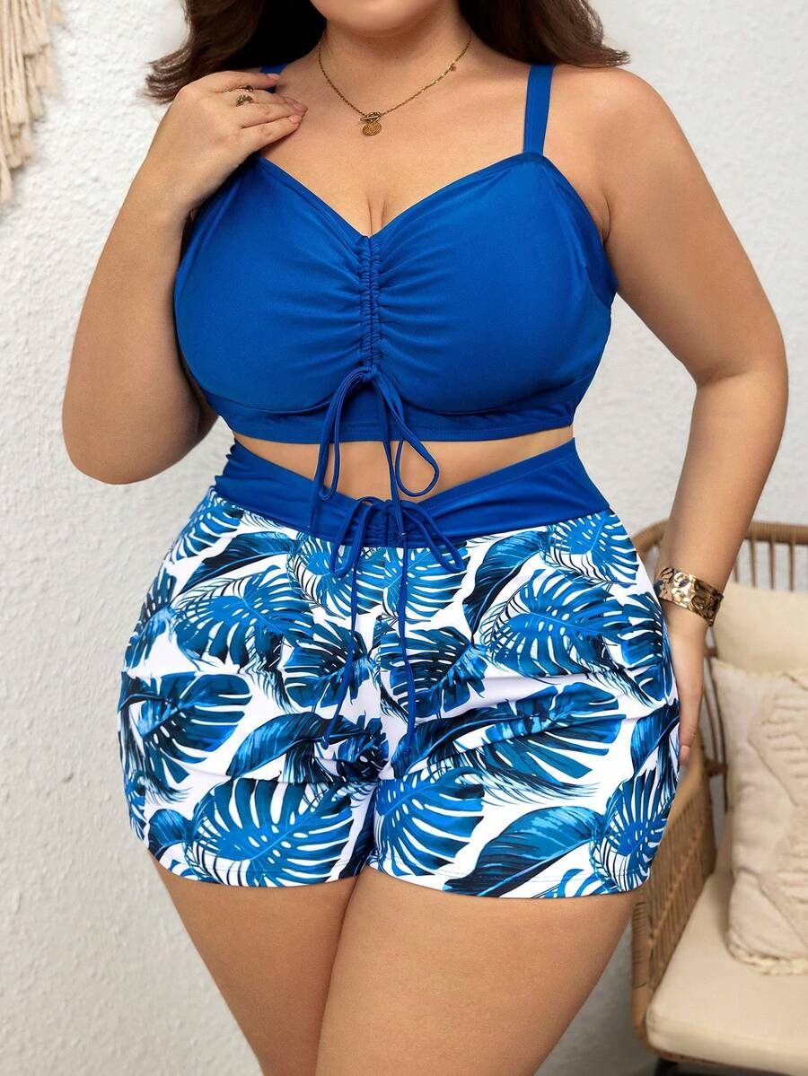 SHEIN CURVE+ Plus Size Women 2 Pieces Swimsuit, Leaf Print, Summer Vacation - Blue - View 1