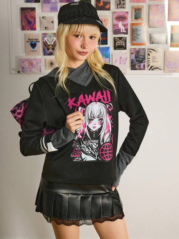 Y2Kool Sapstudio Sudadera con capucha de manga larga con estampado de personaje de anime y texto en estilo sexy Y2K de color gris oscuro con rayas para mujer