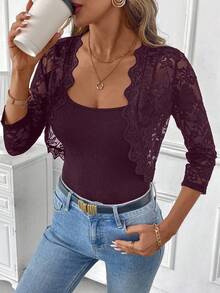 SHEIN Clasi Chaqueta ligera de mujer con abertura frontal y encaje transparente, para primavera y verano. Chaqueta corta de encaje negro para otoño/invierno - Granate - Ver 4