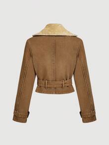 Sweetra Women's Autumn/Winter Denim Jacket With Thermal Lined, Lapel NeckLong Sleeve, Waist Buckle Design, Casual - Brown - View 2