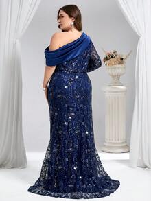Coutiva Plus Size Autumn And Winter Elegant Luxury Satin Splicing Sequins Slant Neckline One Shoulder Sleeve Design Mermaid Hem Formal Evening Dress, Suitable For Wedding Guests, Graduation Ceremony, Birthday Dress, Christmas Dress