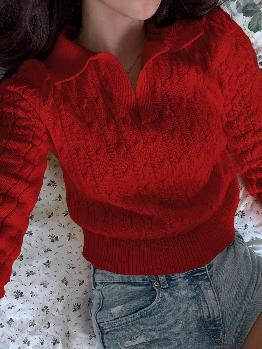 SHEIN Unity 女士休闲抽绳长袖针织衫,浅黄色,秋冬款 - 紅色 - 查看 1