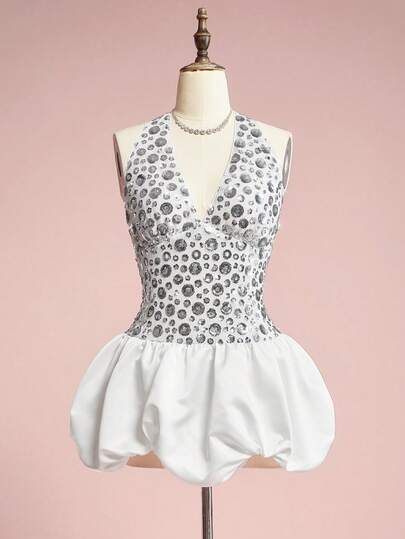 ROMWE Avant فستان قصير مثير من الساتان بتصميم لوحة الترقيع المرصعة بالترتر، بياقة حلقة وألوان متباينة، لحفلات الموسيقى والحفلات الرجعية