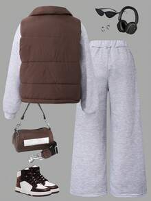 3pcs/Set Girls Oversized Crew Neck Long Sleeve Sweatshirt, Sports Pants Casual Loose Suit, Autumn/Winter - Light Grey - View 2