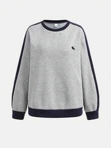 少女刺绣拼布圆领运动衫和运动裤休闲套装 - 灰色 - 查看 7