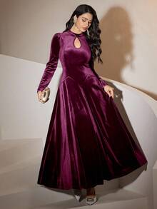 Modelyn Burgundy Red Women's Solid Color Keyhole Neck Puff Sleeve Elegant Dress Long Evening Dresses - Hot Pink - View 7