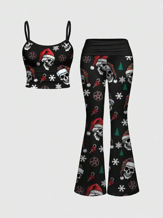 Goth Dark Christmas Holiday New Year Skull Party Sexy Camisole Strap Ruched Low Waist Flare Pants Women 2 Pieces Set