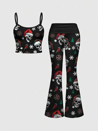 Goth Dark Christmas Holiday New Year Skull Party Sexy Camisole Strap Ruched Low Waist Flare Pants Women 2 Pieces Set