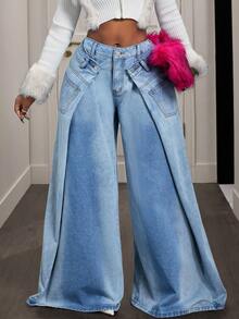 Slaydiva 女士街头时尚嘻哈阔腿牛仔裤 - 藍色 - 查看 7