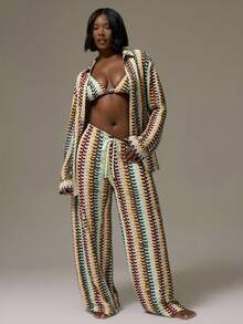 MUSERA 加大码抽绳腰带钩针编织阔腿裤，度假休闲可爱浪漫夏季性感沙滩曲线嘉年华度假 - 藍色 - 查看 6