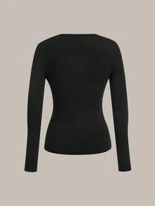 SHEIN EZwear 3件套女士保暖内衬深V领修身休闲长袖T恤套装 - 黑色 - 查看 4