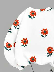 SHEIN Leap Crew Tween Girls Knit Crew Neck Letter Graphic Loose Sweatshirt And Flare Leg Pants 2 Pieces Set, Classic Floral Print - Multicolor - View 5