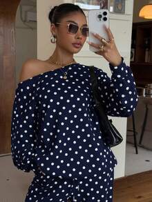 Muchica Ensemble sweat-shirt ample à épaules obliques et pantalon de jogging à pois pour femmes, automne/hiver - Bleu marine - Voir 3