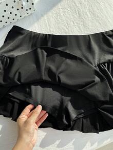 SHEIN Comfortcana Plus Size Casual Mini Skirt With Layered Ruffle Hem, Solid Color, Spring Transition Black Ruffle Skirt - Black - View 5
