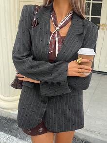 Livesso 女士宽松商务休闲通勤优雅刺绣爱心条纹时尚街头风西装外套，适合秋、冬、春季穿着 - 灰色 - 查看 6
