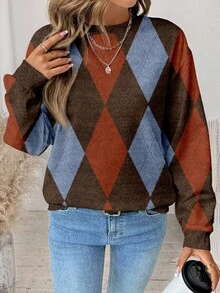 SHEIN LUNE Casual Plaid Print Pattern Loose Fit Crew Neck Long Sleeve Sweatshirt For Women, Suitable For Autumn/Winter New Year Party - Multicolor - View 2