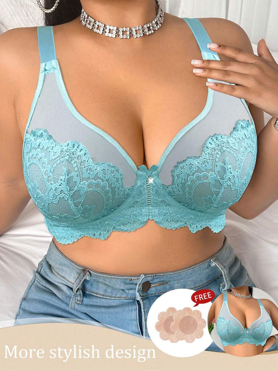 SHEIN 1pc Plus Size Lace Solid Color Underwire Bra - Green - View 1