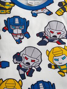 Transformers X SHEIN 2件套男婴卡通机器人印花圆领长袖上衣和裤子针织紧身睡衣套装