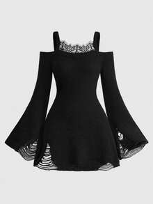 ROMWE Gothic Lace Trim Ripped Design Off-Shoulder Flare Sleeve Fitted A-Line Sweater Dress - Black - View 1