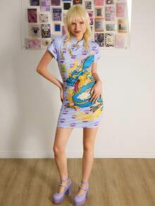 Y2Kool Vecteezy Pastel Purple Futuristic Oriental Dragon Print Patchwork Gold Button Contrast Color Y2K Cyber Punk Casual Chinese Style Mini Dress For Women Gyaru Graphic Dress Party Dress - Mauve Purple - View 2